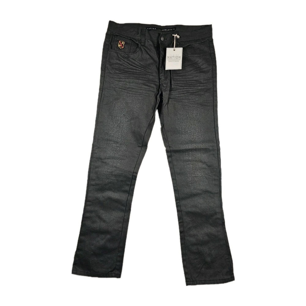 Parish Nation Mens Black‎ Coated Slim Skinny Jeans 34 PR Logo Waxed Denim NWT